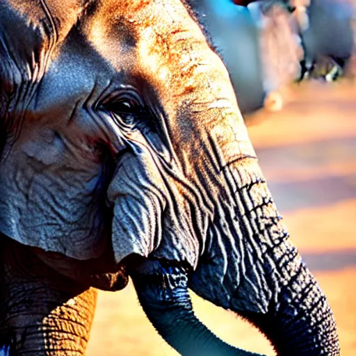 Image similar to a detailed, close - up photograph of an elephant with tiger skin