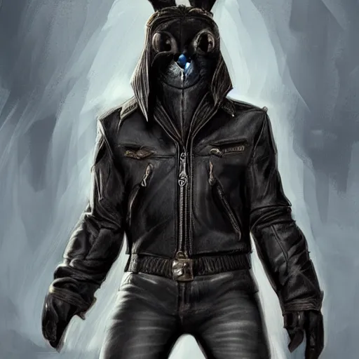 Image similar to A bunny with a small head wearing a fine intricate leather jacket and leather jeans and leather gloves, trending on FurAffinity, energetic, dynamic, digital art, highly detailed, FurAffinity, high quality, digital fantasy art, FurAffinity, favorite, character art