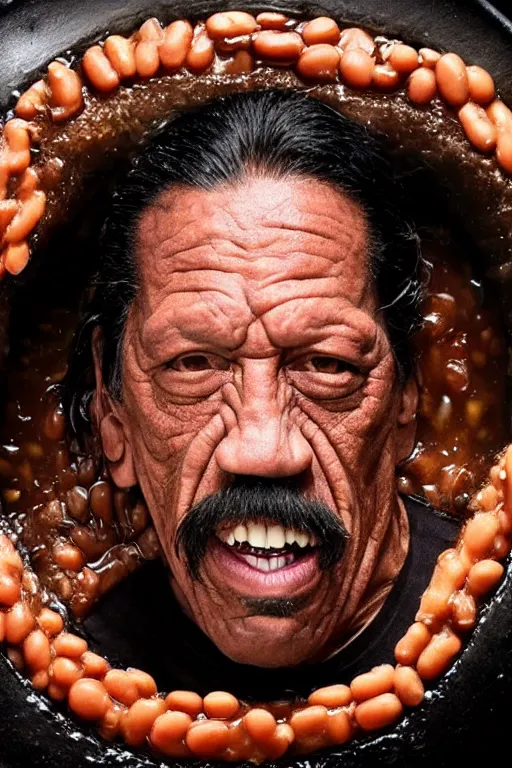 Image similar to danny trejo swimming in a pool of baked beans, realistic, moody grindhouse, dark