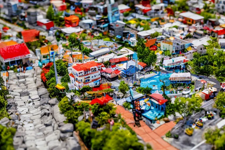 Image similar to miniature town made of sushi, tilt shift photography, diorama picture, 5 5 mm, trending on art station