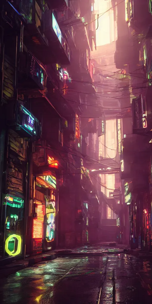 Prompt: cyberpunk alley by chris moore, 8 k, raytracing, unreal engine 5,