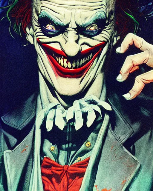 Image similar to christopher lloyd as the joker, big smile, grotesque, horror, high details, intricate details, by vincent di fate, artgerm julie bell beeple, 1 9 8 0 s, inking, vintage 8 0 s print, screen print