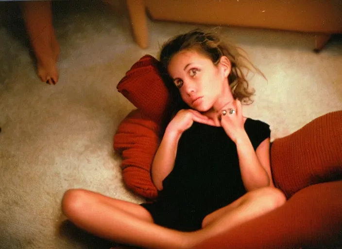 Prompt: 90's Professional Color Photography, Nikon, A girl in the living room at night. Summer