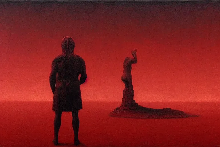 Prompt: only with red, caesar after war, the great deal, a red tiger, in hoc signo vinces, rome in background, an ancient path, in the style of beksinski, part by hopper, part by rodcenko, part by hofbauer, intricate composition, red by caravaggio, insanely quality, highly detailed, masterpiece, red light, artstation