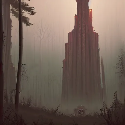 Image similar to monumental old ruins tower of a dark misty forest, overcast, sci - fi digital painting by simon stalenhag