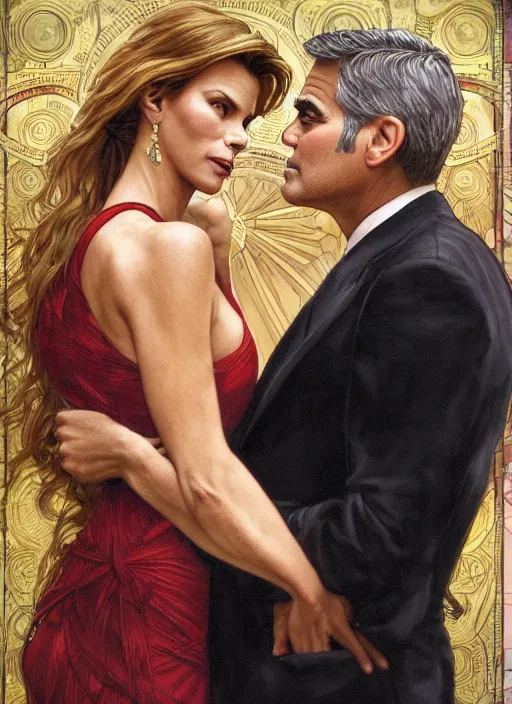 Prompt: george clooney wearing a formal black suit and kim basinger wearing a red dress in love hugging each other, highly detailed, focus stacked, candid portrait, art by artgerm and greg rutkowski and alphonse mucha