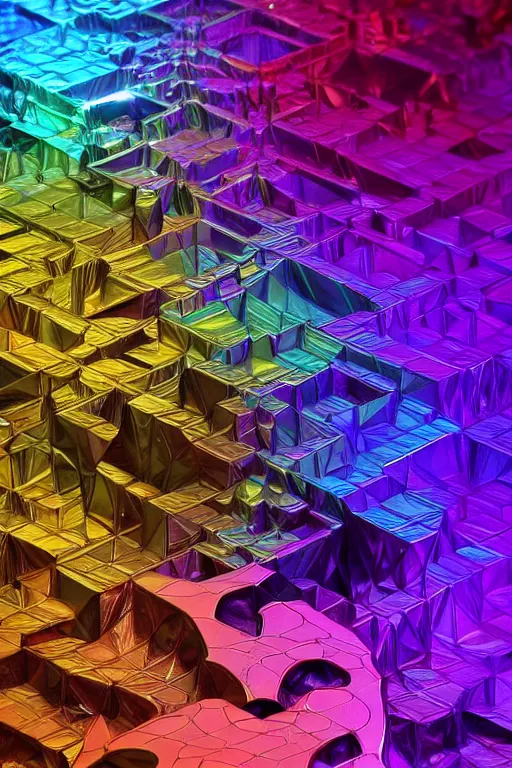 Prompt: concept art of fractal colorful bismuth! metal giant golem : : shiny rainbow bismuth! fractalization : : extremely high details, masterpiece, photorealistic, hyperrealism, vray, octane render, volumetric lighting, depth of field, bokeh, artstation, cgsociety by elyse graham, johannen voss, greg broadmore