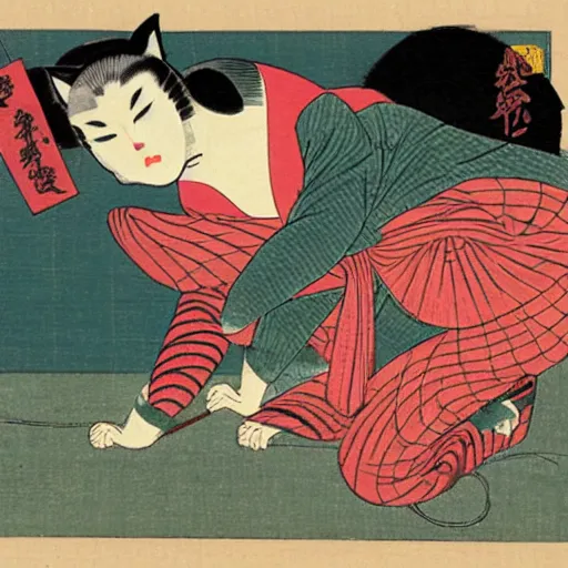 Image similar to cat woman sneak ukiyo - e style,