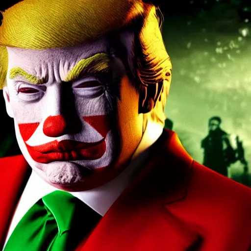 Prompt: donald trump as a joker - clown! in gears of war, splash art, movie still, cinematic lighting, ray tracing, detailed trump joker - clown face!, octane render, long lens, shallow depth of field, bokeh, anamorphic lens flare, 8 k, hyper detailed, 3 5 mm film grain