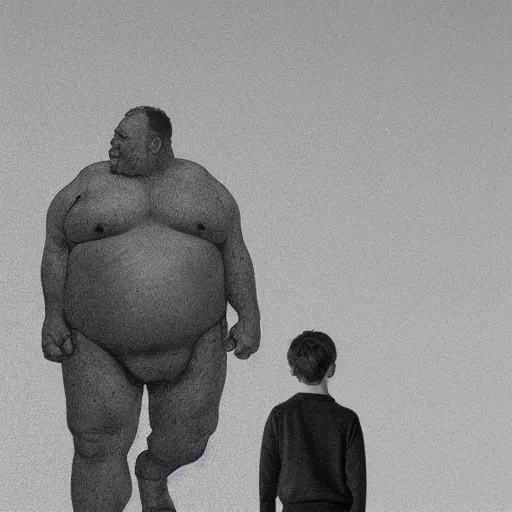 Image similar to a little person rides on the shoulder's of a huge 7 ft tall 5 0 0 pound man. hyperreal - h 6 4 0