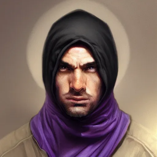 Image similar to ultra realistic illustration, man in a black hood, in a striped purple balaclava, mysterious, highly detailed, digital painting, artstation, concept art, smooth, sharp focus, illustration, art by artgerm and greg rutkowski and alphonse mucha