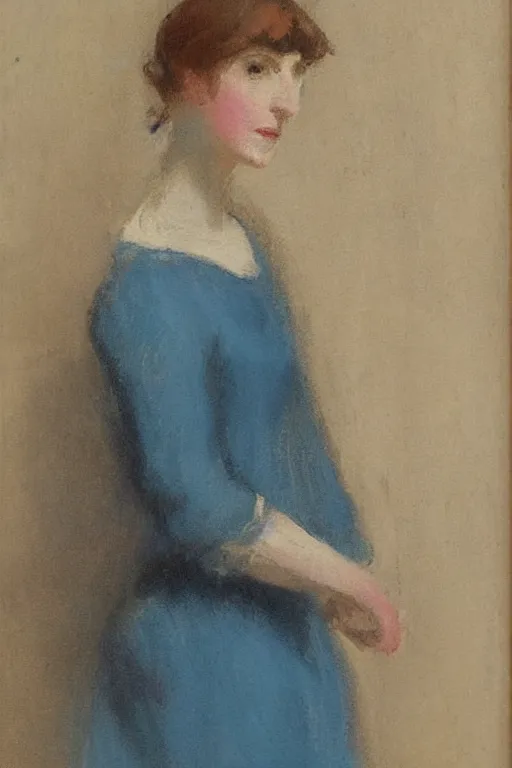 Prompt: portrait of a young woman in a blue dress by charles hawthorne, highly detailed, sharp focus, dramatic backlighting