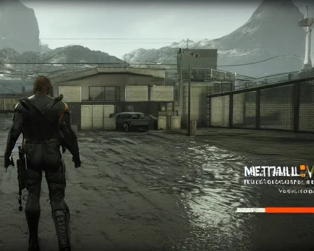 Prompt: Metal Gear Solid V: Ground Zeroes 4K screenshot max settings wet rainy dark reflections