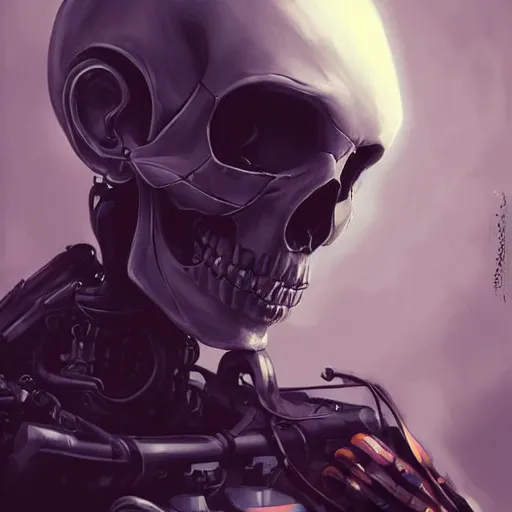 Image similar to skull - headed robot cyborg painting, illutstration, concept art, cyberpunk, futurism, comics art, artgerm