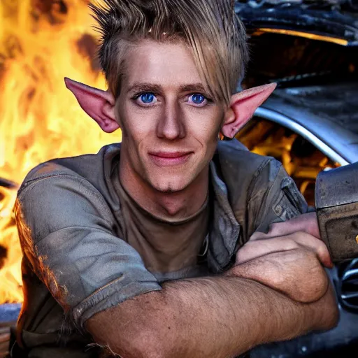 Prompt: close up headshot of a skinny high-fantasy elf with a long face narrow chin and spiky blonde hair wearing dark brown overalls and holding a bomb next to a destroyed car, gel spiked blond hair, small ears, narrow lips, high resolution film still, HDR color