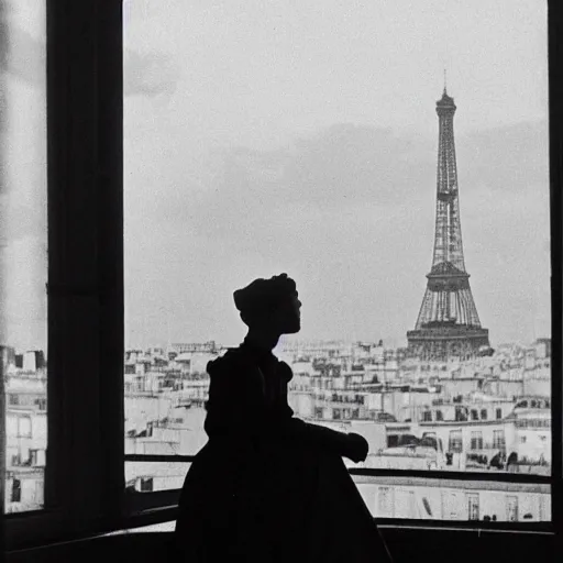 Prompt: a young edwardian woman sits in a window overlooking paris with the eiffel tower visible in the background, the moon is behind the eiffel tower