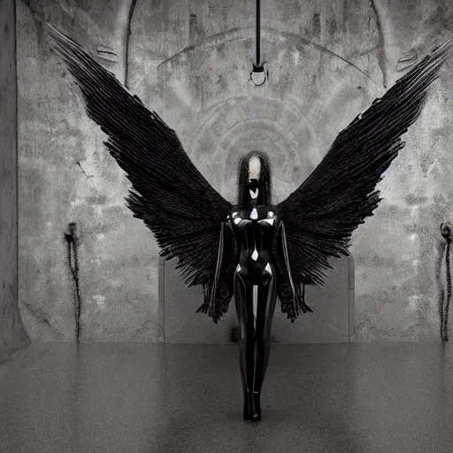 Prompt: “3d black metal vaguely winged biblical angel made of glossy black liquid latex, iron and asphalt, suspended from ceiling in abandoned tunnel, brutalist, designed by rick owens, andrei tarkovsky and hr giger, asymmetrical composition, 8k hyperrealistic, hyper-detailed, highly textured, dark volumetric lighting, fine details, muted, octane render, asymmetry” — w 1084 - n 7 —i —s