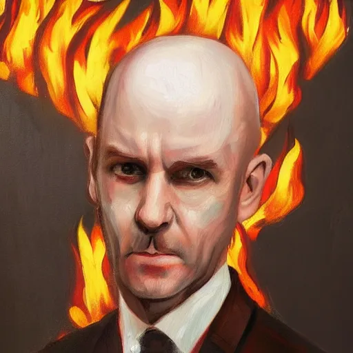 Image similar to an artstation trending portrait painting of a bald english man standing in front of a building on fire