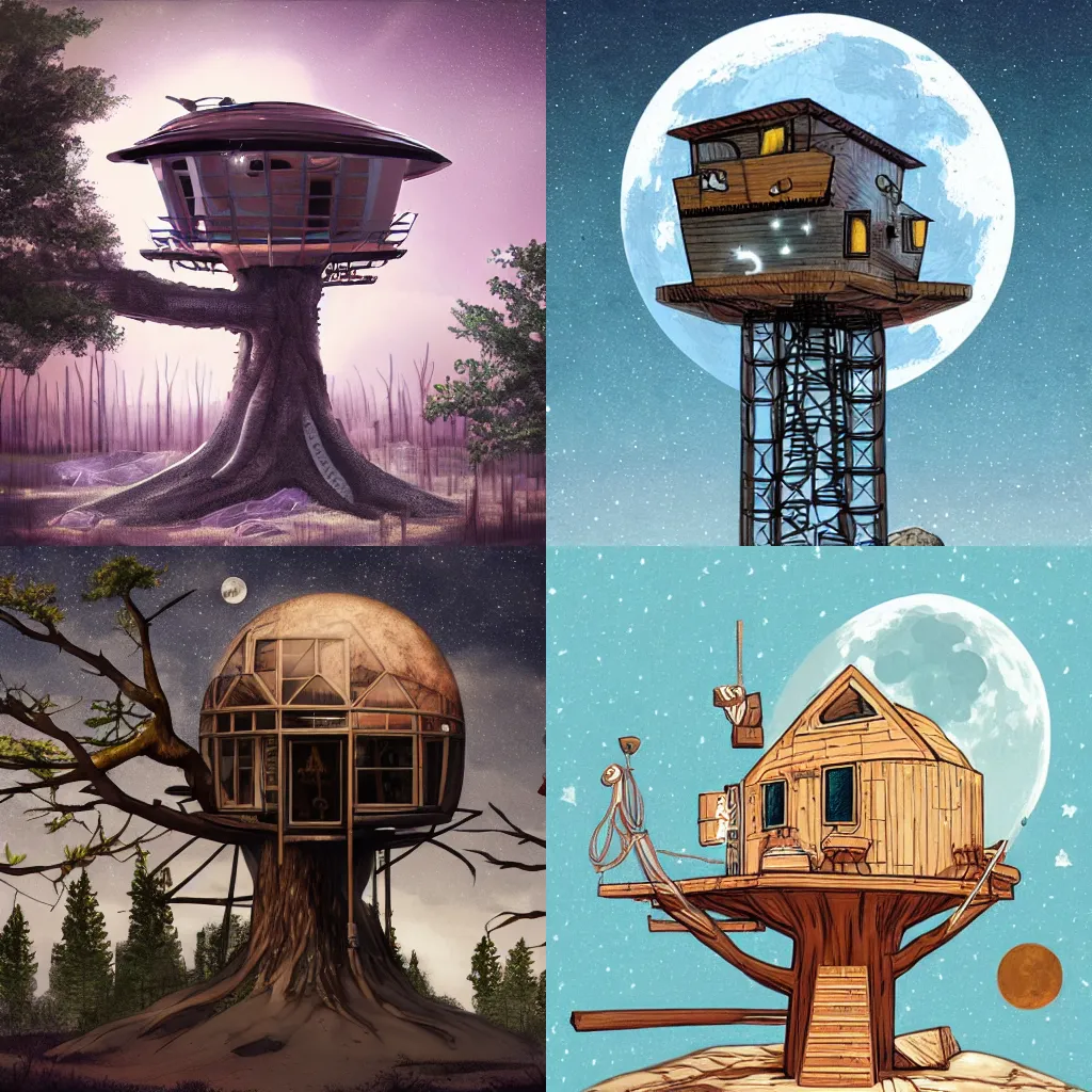 Prompt: treehouse on the moon. minnesota moon colony, 2 0 9 6 ad. concept art