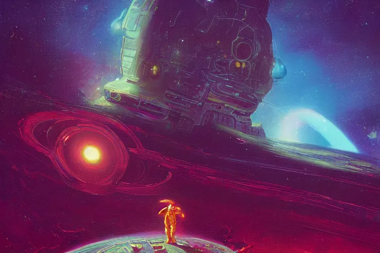 Prompt: digital painting of an alien in space, by paul lehr and vincent di fate and rembrandt, highly detailed, intricate, science fiction, galaxies, stars, supernova, black hole, galaxy, planet, void, artstation, portrait, cinematic lighting, studio ghibli color pallette, neon lights, trippy, retrofuturism, portrait