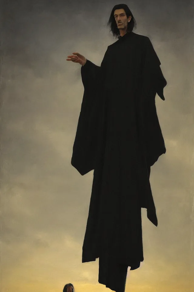 Image similar to painting of a beautiful tall thin man with pale skin, in black robes by bill sienckiwicz, greg rutkowski, high detail, high contrast, rim light, atmospheric