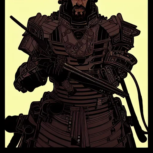 Image similar to the large cyberpunk!! samurai in military armor!! is horrified by something behind the camera, portrait by ashley wood and alphonse mucha and laurie greasley and josan gonzalez. illustration, pop art, cinematic. realistic proportions. moody industrial setting. artstationhq. smooth. sharp focus