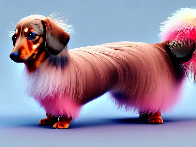 Image similar to high quality 3 d render hyperrealist very cute fluffy dachshund dog, plush mascot, long spiky fluffy hair, photo from the side, multi pastel colors, vray, smooth background, artstation, ultra detailed