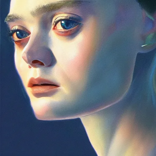 Prompt: ultra realistic portrait painting of elle fanning in blade runner 2 0 4 9, art by frank frazetta, 4 k, ultra realistic, highly detailed, epic lighting