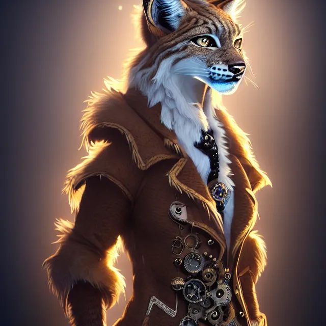 Image similar to the portrait of anthropomorphic lynx fursona wearing a steampunk suit as unimaginably beautiful, gorgeous, elegant, young lynx, an ultrafine hyperdetailed illustration by furaffinity, intricate linework, white fur, unreal engine 5 highly rendered, global illumination, radiant light, detailed and intricate environment