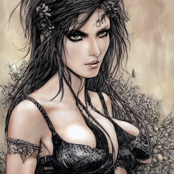 Prompt: a highly detailed portrait in the style of milo manara and in the style of luis royo.