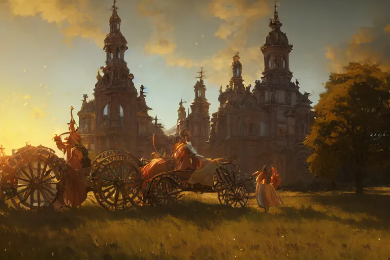 Image similar to a driving ornate baroque church mounted on chainwheels, scene in an open field. key visual, conceptart, ambient lighting, highly detailed, digital painting, artstation, concept art, sharp focus, by makoto shinkai and akihiko yoshida and greg manchess