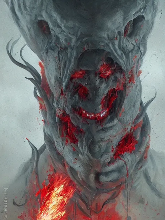 Image similar to painting by greg rutkowski of a flying human head with tears running down it's face face that is chalk white in color, with tentacles coming of the neck, fiery scorching red eyes, flying in a terrying hellish dark cavernous place