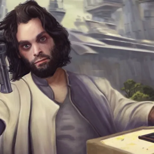 Image similar to a realistic star wars watercolor fantasy concept cart of chris d'elia as a drug dealer in a sleazy futuristic city of coruscant, hq, 4 k