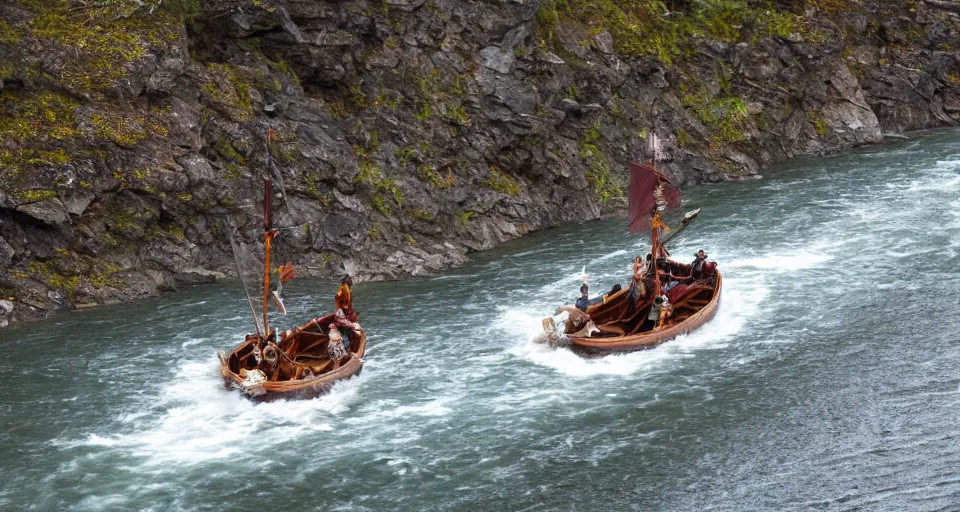 Image similar to fast viking ship sailing down a river, f / 2. 8, motion blur