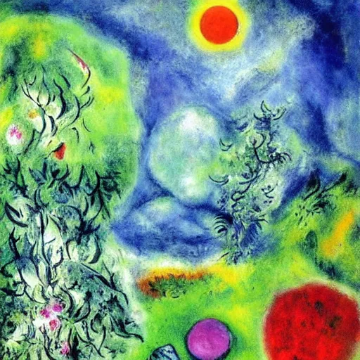 Prompt: painting of a lush natural scene on an alien planet by marc chagall. beautiful landscape. weird vegetation. cliffs and water.