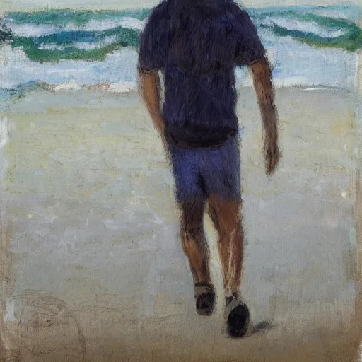 Image similar to a man in a hazmat walking on an abandoned beach, impressionist