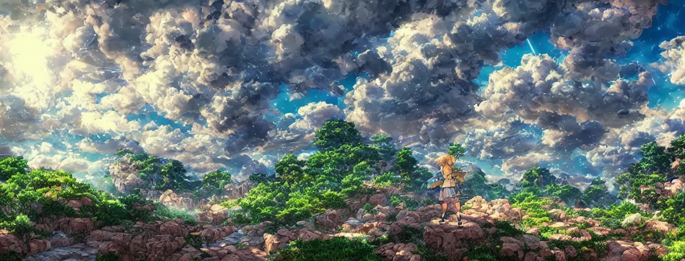 Image similar to a beautiful, dreamy, wistful sky filled with raining rocks. hyperrealistic anime background illustration by kim jung gi, colorful, extremely detailed intricate linework, smooth, super sharp focus, bright colors, high contrast, matte, octopath traveler, unreal engine 5 highly rendered, global illumination, radiant light