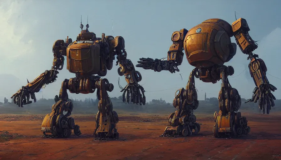 Image similar to an intricate oil painting of a giant scrap metal anime armored tank humanoid mecha with rounded components by simon stalenhag