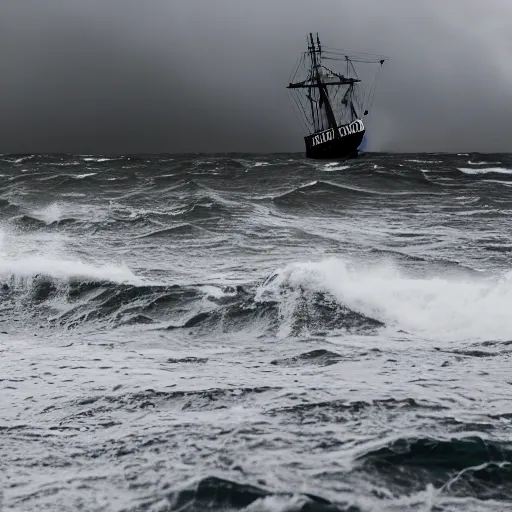 Prompt: Stormy sea, big waves, rain, lightning, gray clouds, old wooden ship, Giant Tentacles rising from water in foreground, Canon EOS R3, f/1.4, ISO 200, 1/160s, 8K, RAW, unedited, symmetrical balance, in-frame.