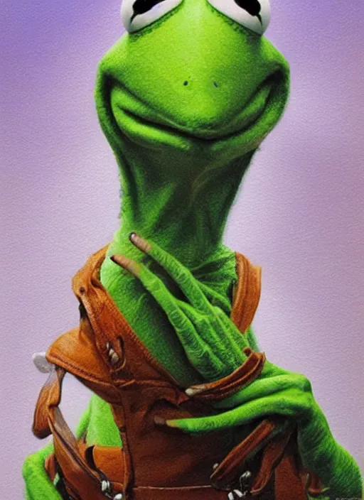 Prompt: portrait of kermit the frog in existenz ( 1 9 9 9 ), highly detailed, centered, solid color background, digital painting, artstation, concept art, smooth, sharp focus, illustration, artgerm, donato giancola, joseph christian leyendecker, les edwards, ed repka, wlop, artgerm