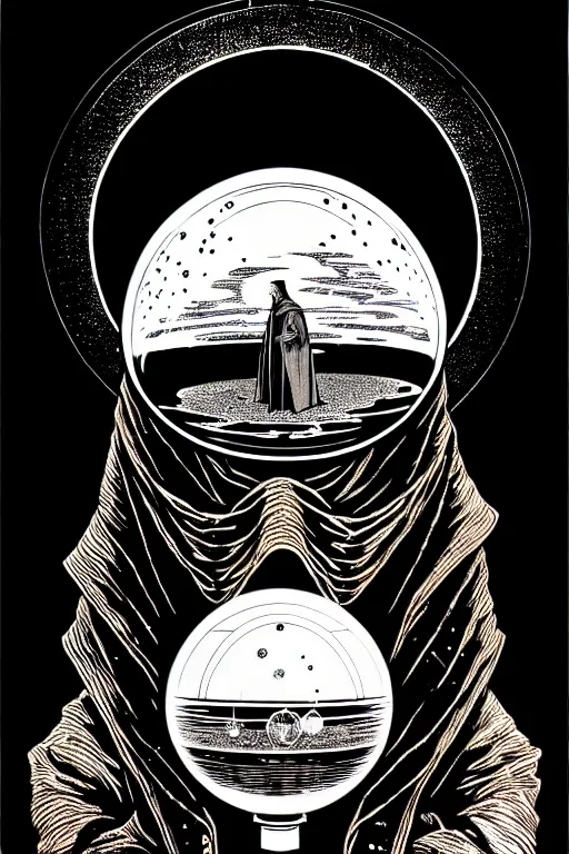 Image similar to cloaked steampunk wizard looking into a crystal ball, high details, intricately detailed, by vincent di fate, inking, 3 color screen print, masterpiece, trending on artstation,, sharp, details, hyper - detailed, hd, 4 k, 8 k