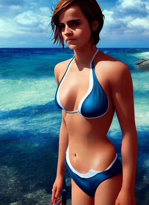 Image similar to ultrarealistic photo of emma watson swimsuit beach warrior, full body, cinematic, artstation