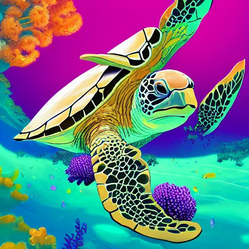 Image similar to a beautiful stunning fantasy whimsical matte digital illustration of a light-green sea turtle swimming over an red-orange coral reef through blue-violet waters, triadic color palette, painted in the style of National Geographic, trending on artstation hq