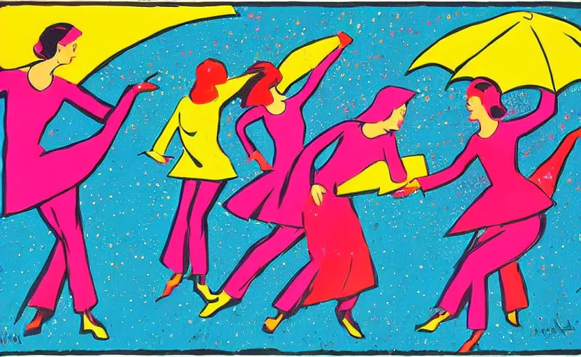 Prompt: women dancing in the rain, pop art, lithograph, 1 9 6 0 s, vibrant, positive, energetic, striking