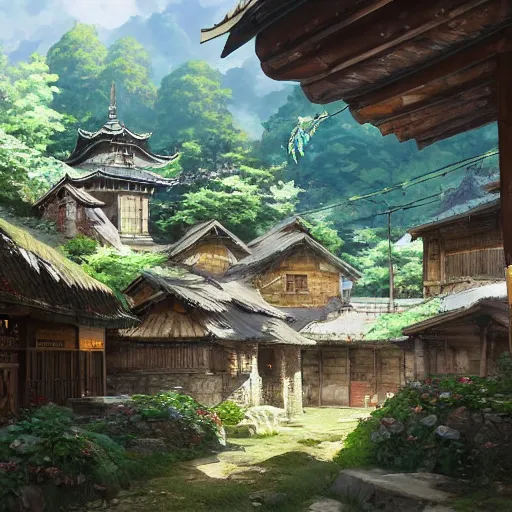 Image similar to concept art painting of a cozy village in a mountainous forested valley, historic english and japanese architecture, realistic, detailed, cel shaded, in the style of makoto shinkai and greg rutkowski and james gurney