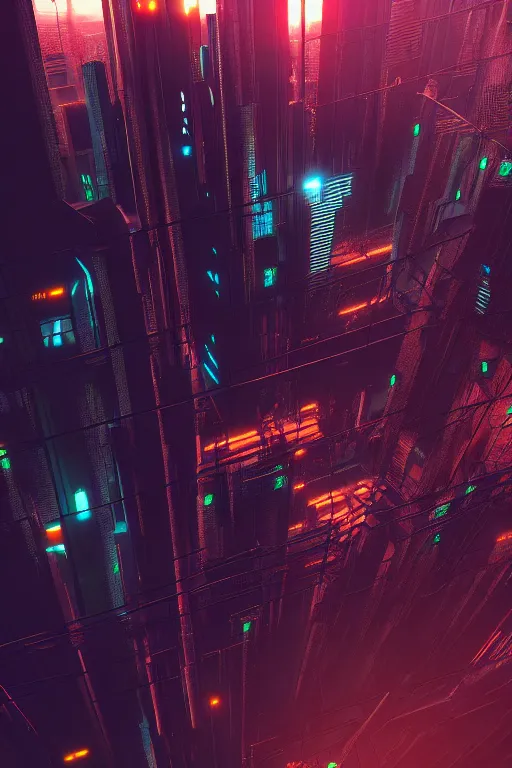 Image similar to cyberpunk city from ground pov, photo realistic, highly detailed, rendered in octane, artstation, 35mm, atmospheric, cinematic lighting, dramatic dusk sky