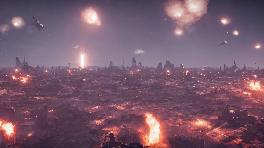 Prompt: a spaceship launching in a nuclear wasteland in the foreground, ruined city in background, thousands of rockets flying vertically in the sky, hyperrealistic, Cryengine 8k UHD