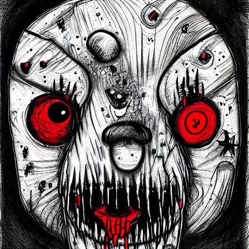 Prompt: dark art cartoon drawing of a teddy bear with bloody eyes by - loony toons style, horror theme, detailed, elegant, intricate