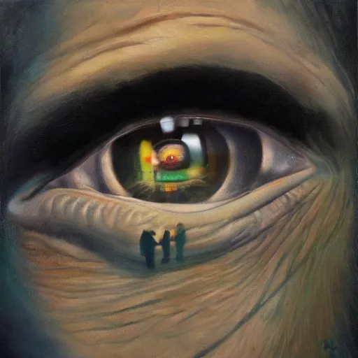 Image similar to jeff bezos, cameras for eyes, surreal, painting