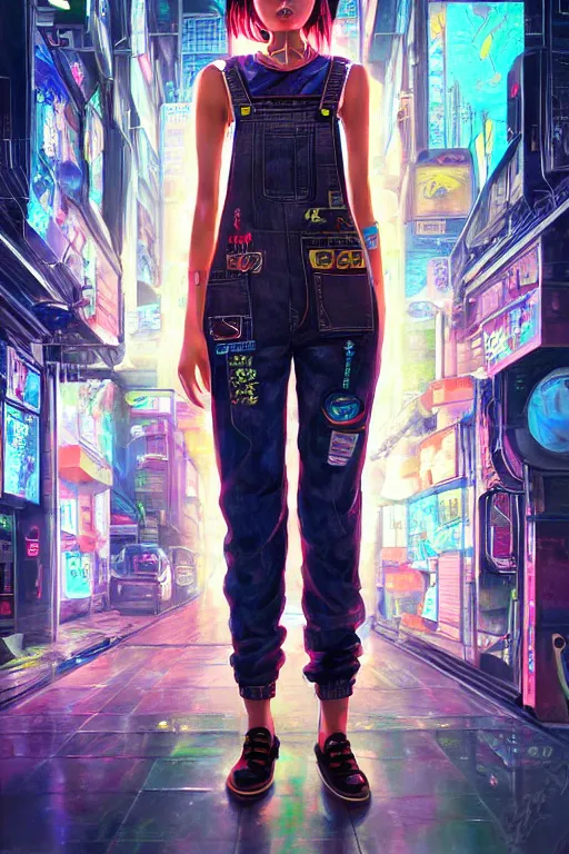 Image similar to a full body illustration of an Asian female cyberpunk character wearing dungarees, highly detailed, oil on canvas, soft lighting, neon pastel colors, by Glenn Fabry, HD, 4K